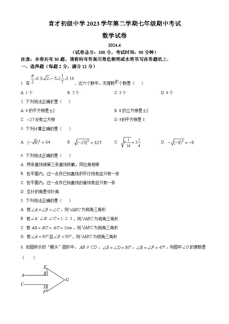 上海市育才初级中学2023-2024学年七年级下学期期中数学试题（原卷版+解析版）01