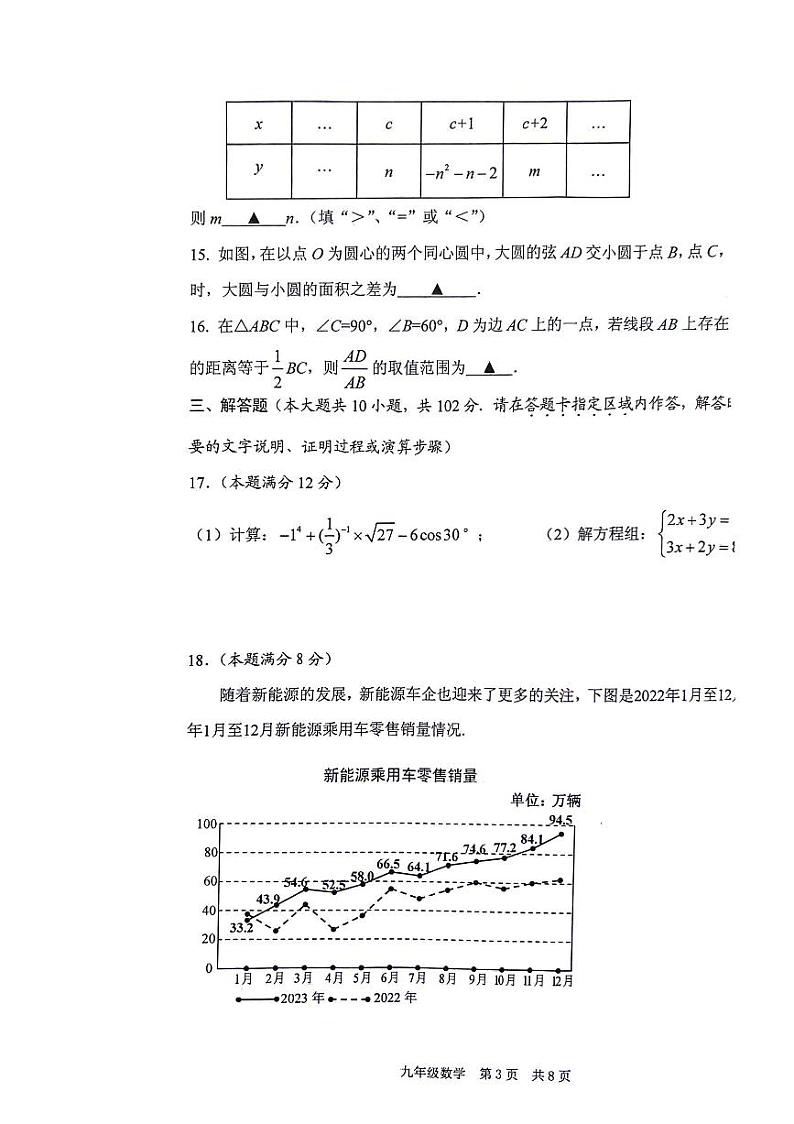 2024年江苏省泰州市姜堰区中考一模数学试卷第3页