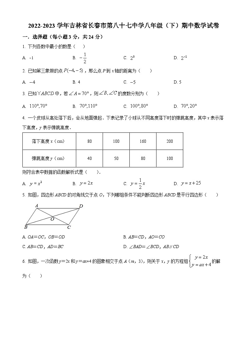 吉林省长春市第八十七中学2022-2023学年八年级下学期期中数学试题（原卷版+解析版）01