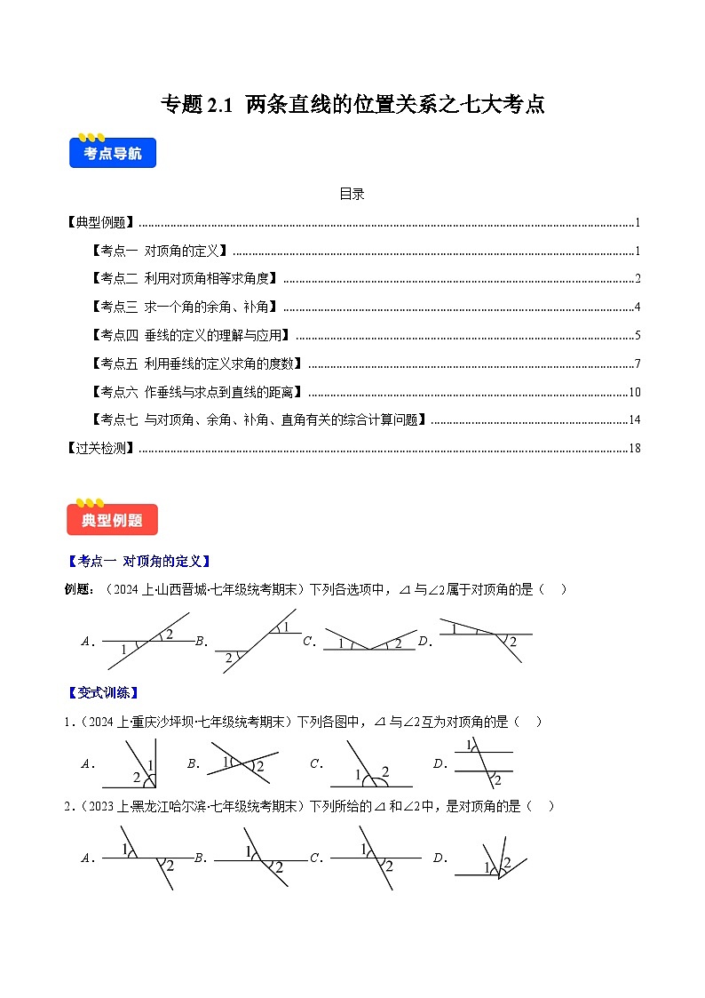 专题2.1 两条直线的位置关系之七大考点-【学霸满分】2023-2024学年七年级数学下册重难点专题提优训练（北师大版）01