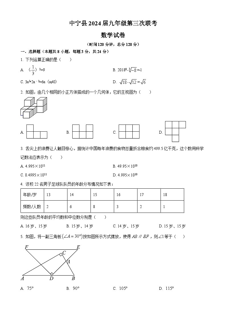 2024年宁夏中卫市中宁县九年级中考第三次联考数学试题（原卷版）第1页