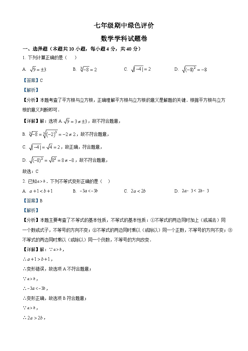 安徽省合肥市第四十五中学2023-2024学年七年级下学期期中数学试题（原卷版+解析版）01
