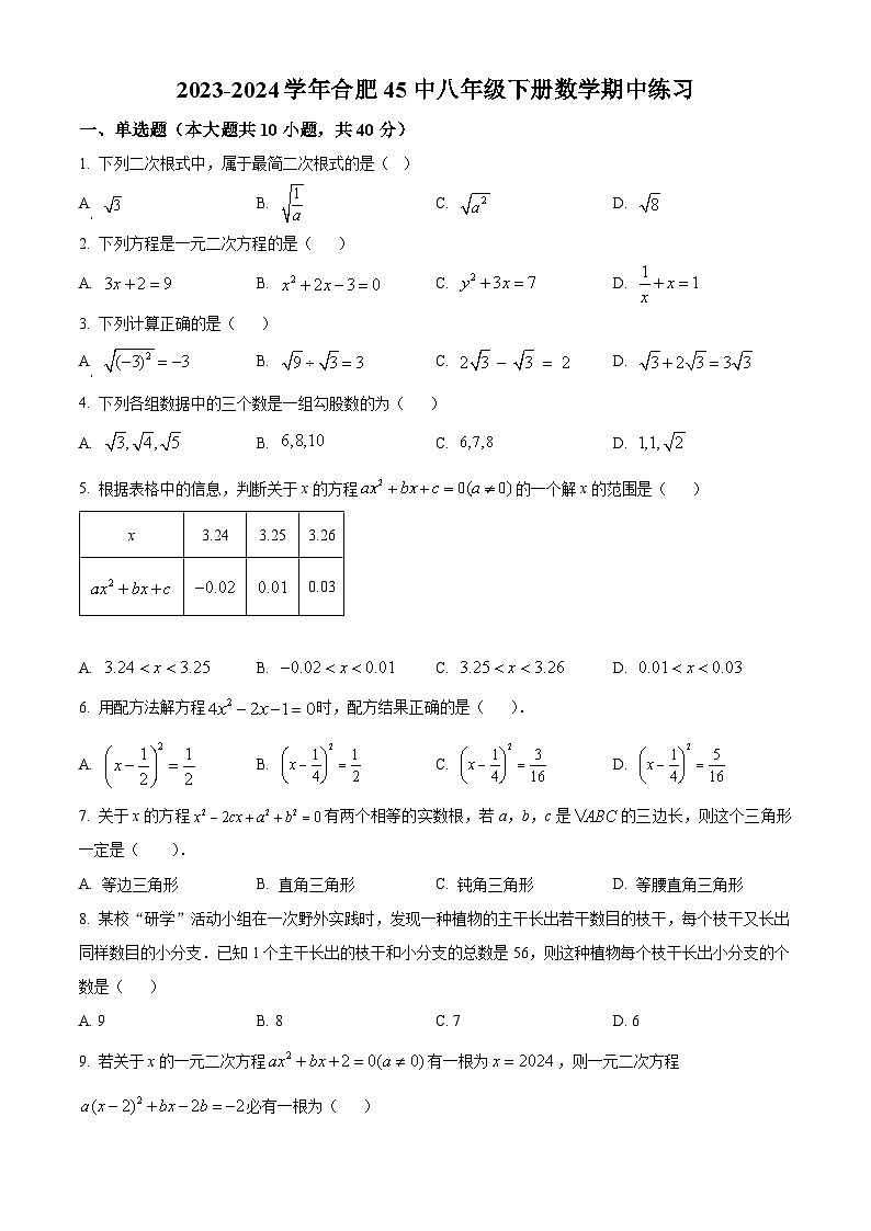 安徽省合肥市庐阳区合肥市第四十五中学2023-2024学年八年级下学期期中数学试题（原卷版+解析版）01
