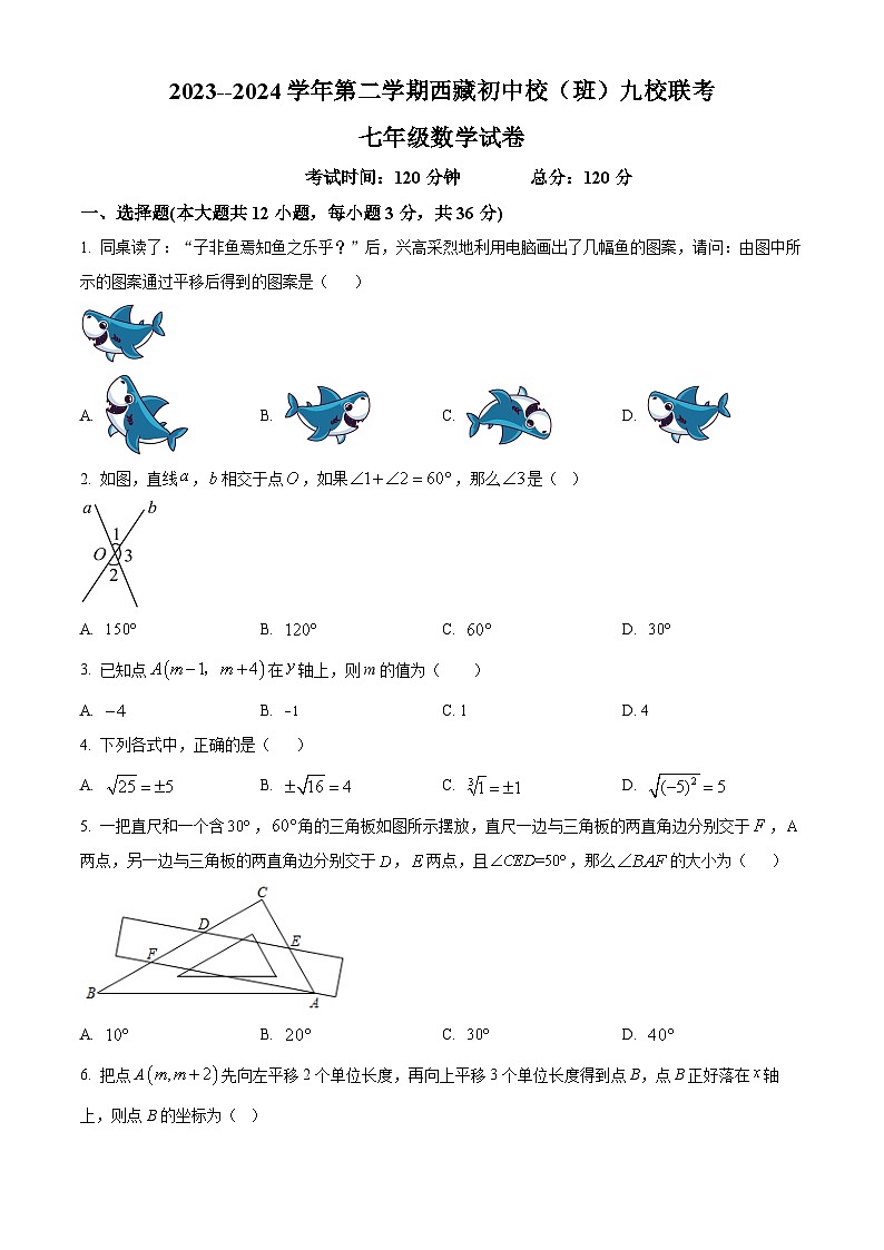 湖北省内地西藏班（校）2023-2024学年七年级下学期期中数学试题（原卷版）第1页