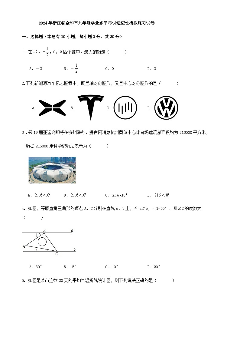 2024年浙江省金华市九年级学业水平考试适应性模拟练习试卷第1页