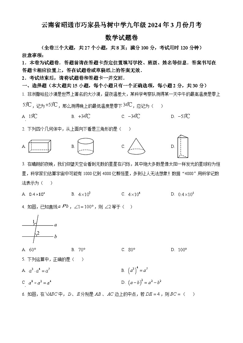云南省昭通市巧家县马树中学2023-2024年九年级下学期3月月考数学试题（原卷版）第1页