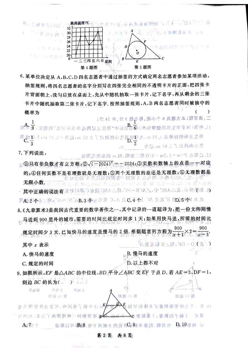 2024年湖南省衡阳市初中学业水平适应性考试数学试题第2页