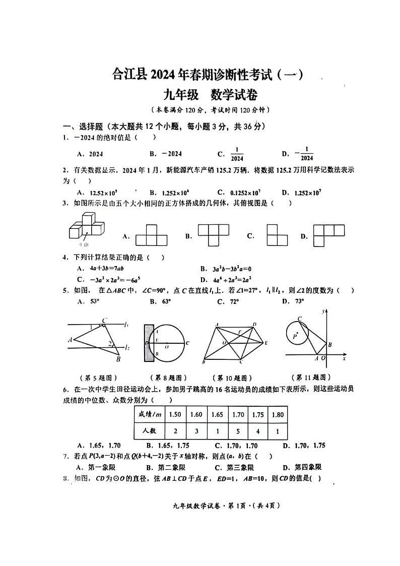 2024年四川省泸州市合江县中考一模数学试题第1页