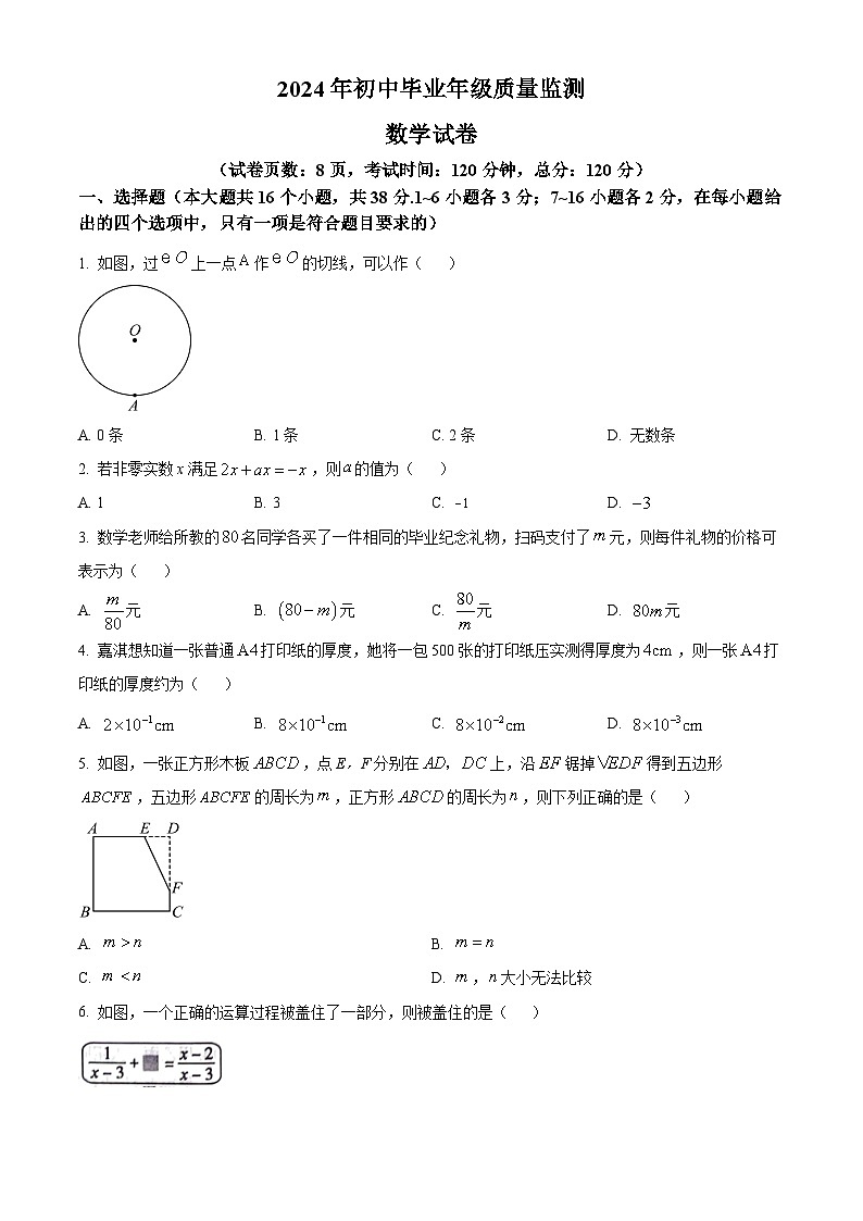 2024年河北省文化课中考一模数学试题（原卷版+解析版）01