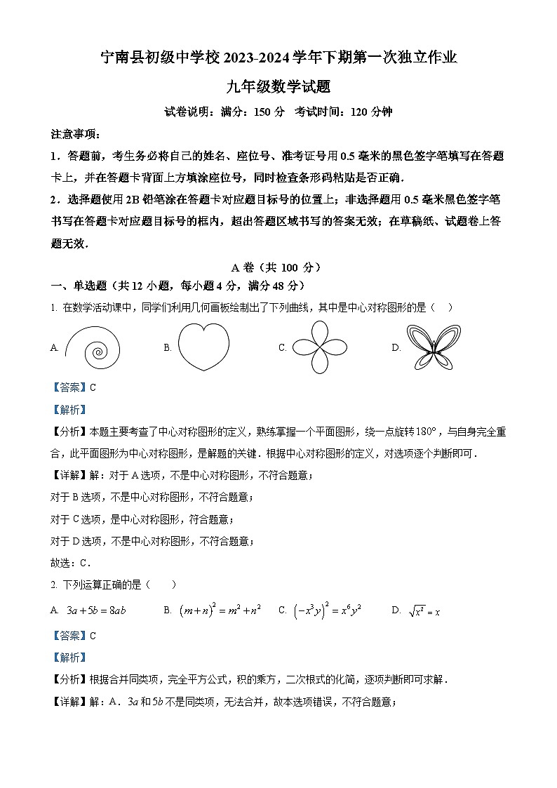 四川省凉山州宁南县初级中学校2023-2024学年九年级下学期第一次月考数学试题（解析版）第1页