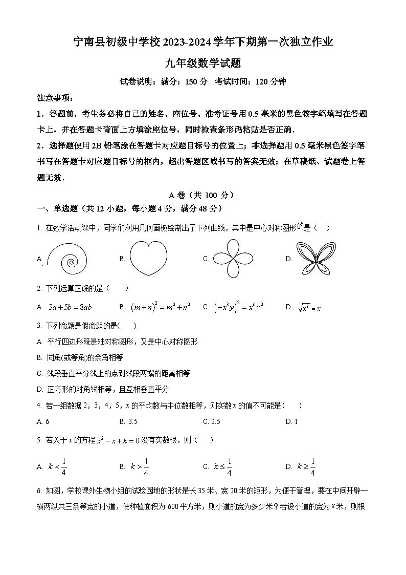 四川省凉山州宁南县初级中学校2023-2024学年九年级下学期第一次月考数学试题（原卷版）第1页