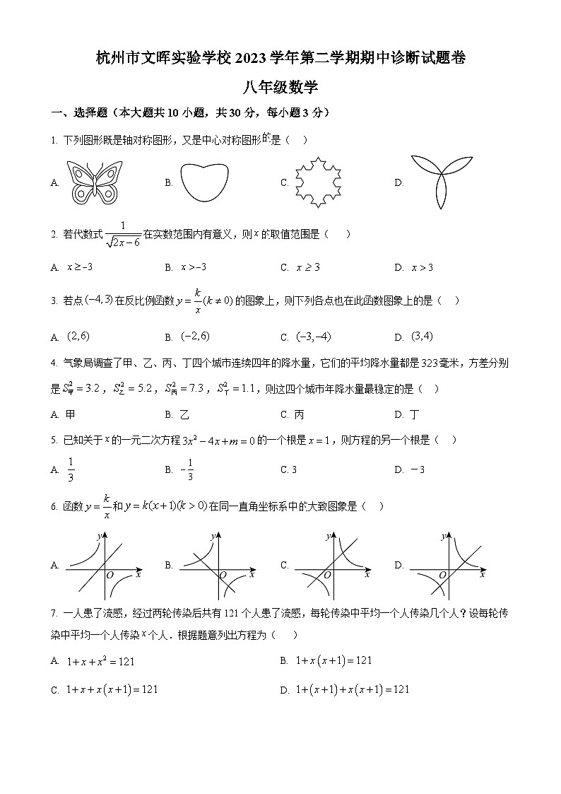 浙江省杭州市文晖实验学校2023-2024学年八年级下学期期中数学试题（原卷版）第1页