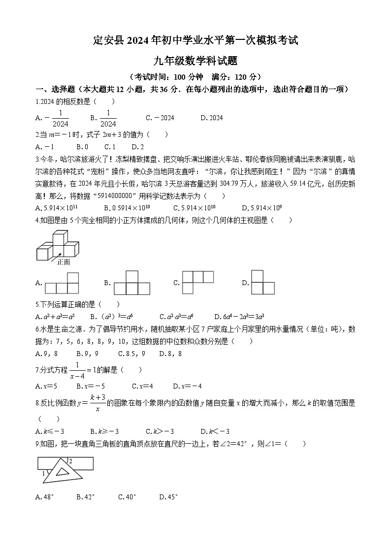 2024年海南省定安县第一次中考模拟考试数学试题第1页