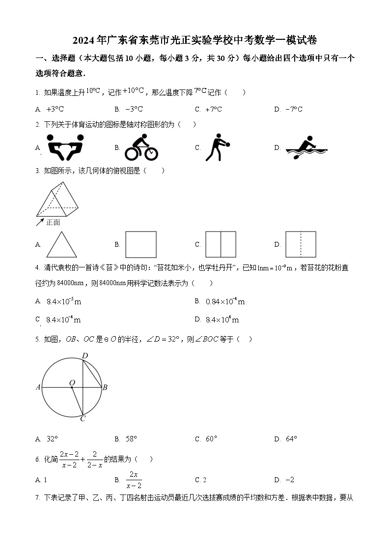 2024年广东省东莞市光正实验学校中考一模数学试题（原卷版+解析版）01