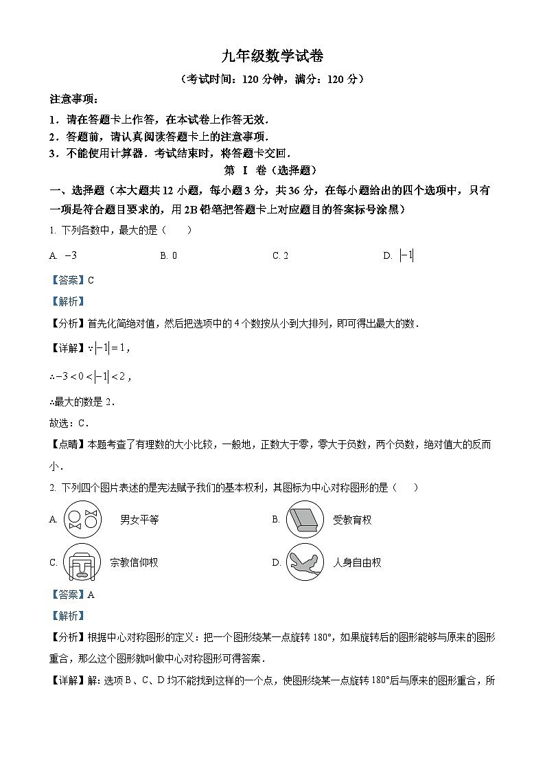 2024年广西南宁地区九年级下学期一模数学试题（原卷版+解析版）01