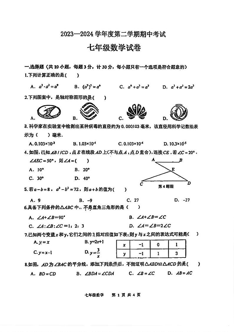 陕西省西安市工业大学附属中2023-2024学年七年级下学期期中数学试题01