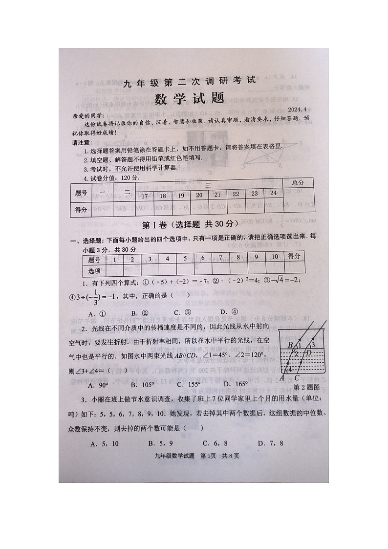 2024年山东省枣庄市薛城区中考二模数学试题第1页