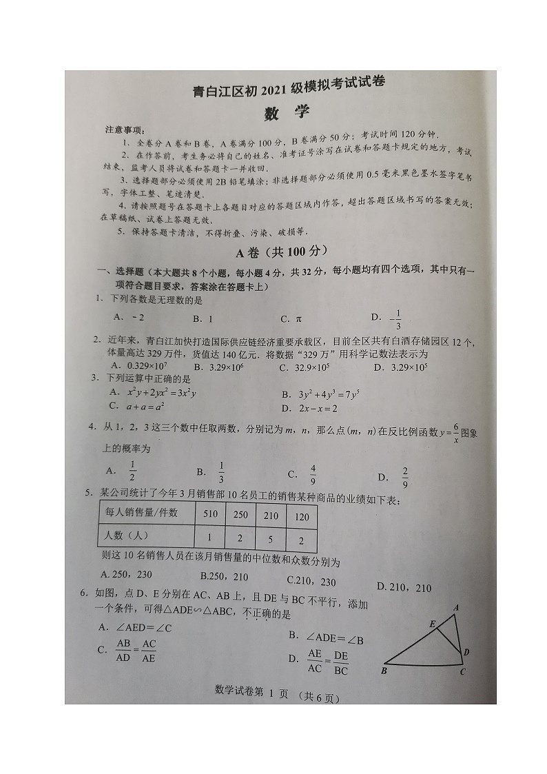 2024年四川省成都市青白江区九年级中考模拟考试数学试题第1页