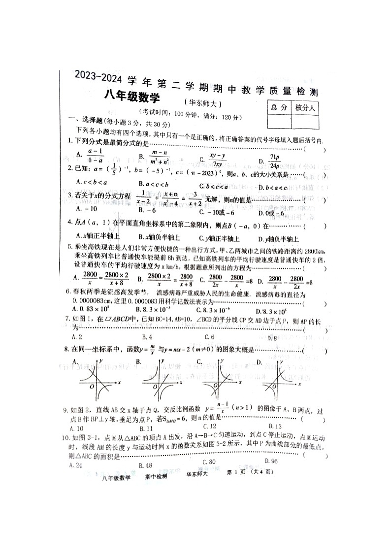 河南省周口市沈丘县2023-2024学年八年级下学期4月期中考试数学试题第1页
