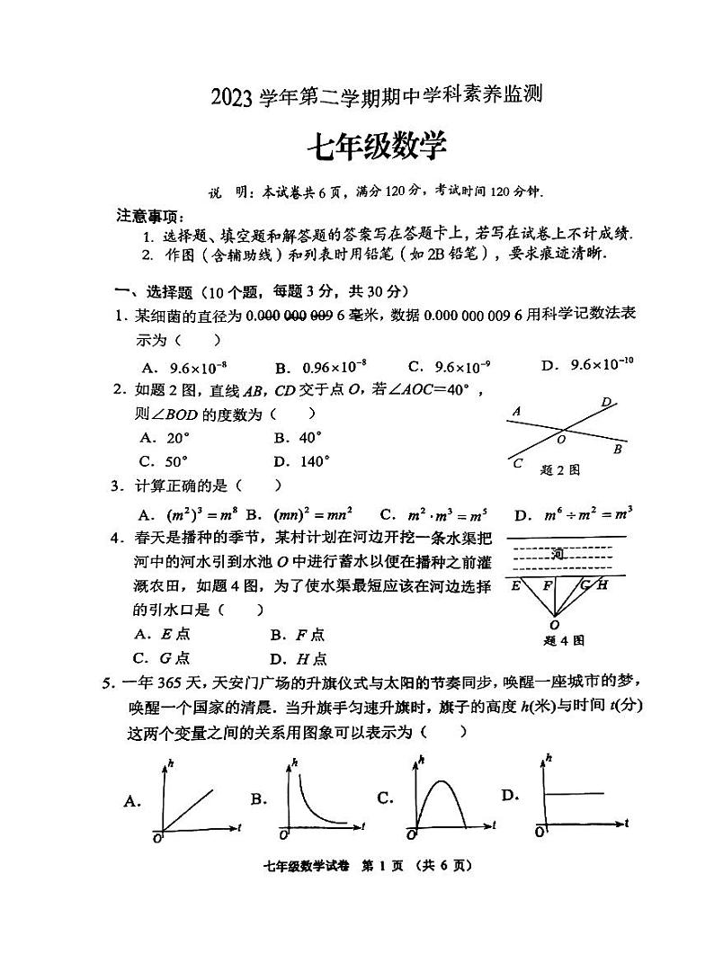 广东省佛山市顺德区梁开初级中学2023-2024学年七年级下学期期中考试数学试卷第1页