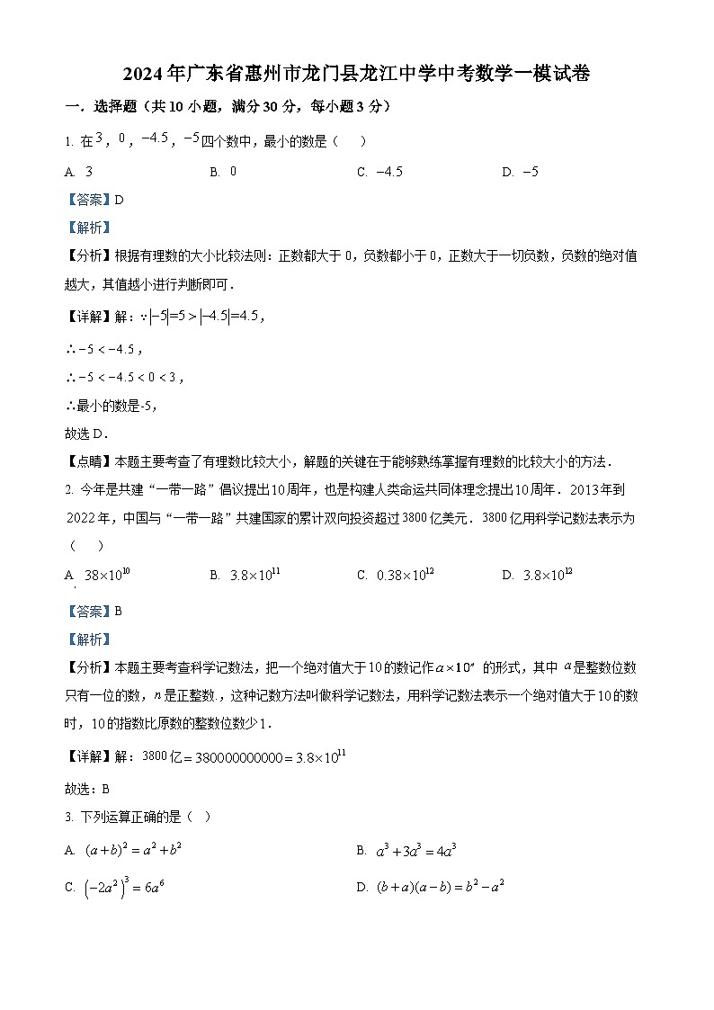 2024年广东省惠州市龙门县龙江中学中考一模数学试题（原卷版+解析版）01