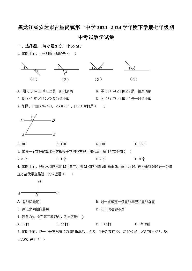 黑龙江省绥化市安达市吉星岗镇第一中学2023-2024学年七年级下学期期中数学试题（原卷版）第1页