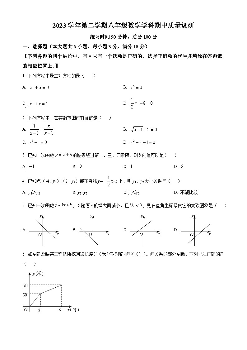上海市嘉定区2023-2024学年八年级下学期期中数学试题（原卷版）第1页
