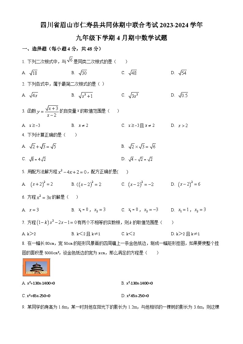 四川省眉山市仁寿县共同体期中联合考试2023-2024学年九年级下学期4月期中数学试题（原卷版）第1页