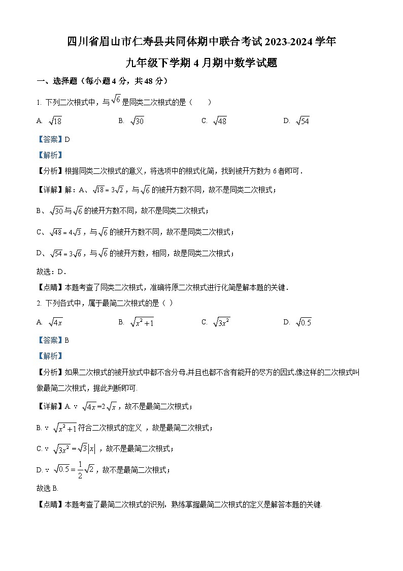 四川省眉山市仁寿县共同体期中联合考试2023-2024学年九年级下学期4月期中数学试题（解析版）第1页
