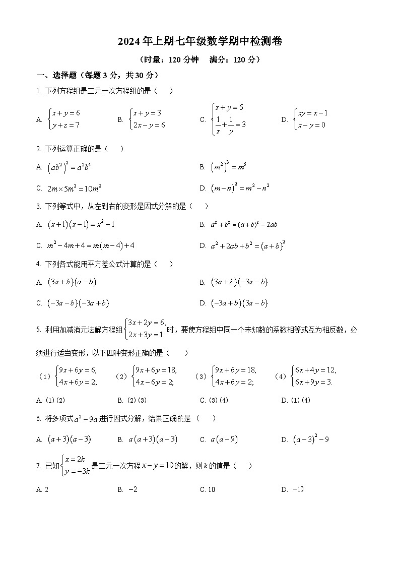 湖南郴州市临武县第三中学2023-2024学年七年级下学期期中数学试题（原卷版）第1页