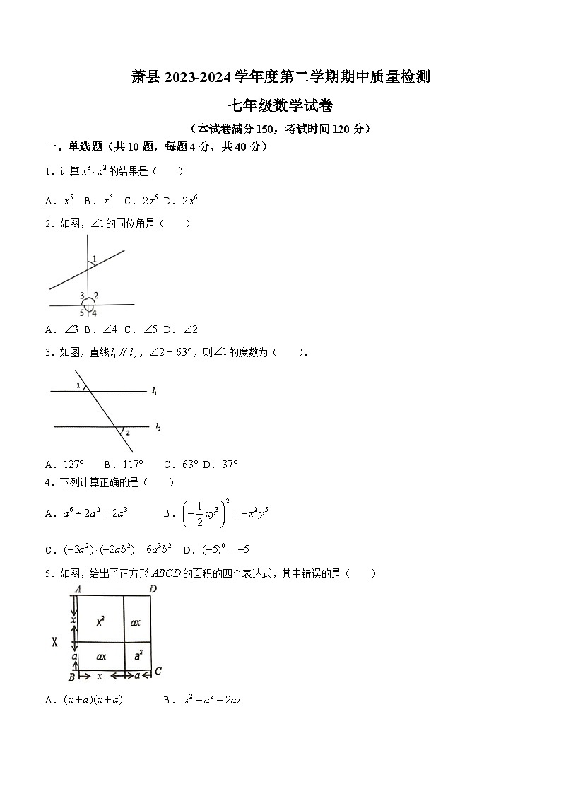 安徽省宿州市萧县2023-2024学年七年级下学期期中数学试题(无答案)第1页