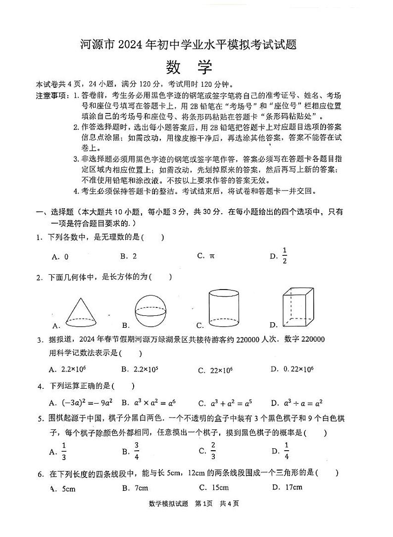 02数学·2024年广东省河源市·2023-2024学年第二学期九年级阶段性教学质量监测-中考一模01