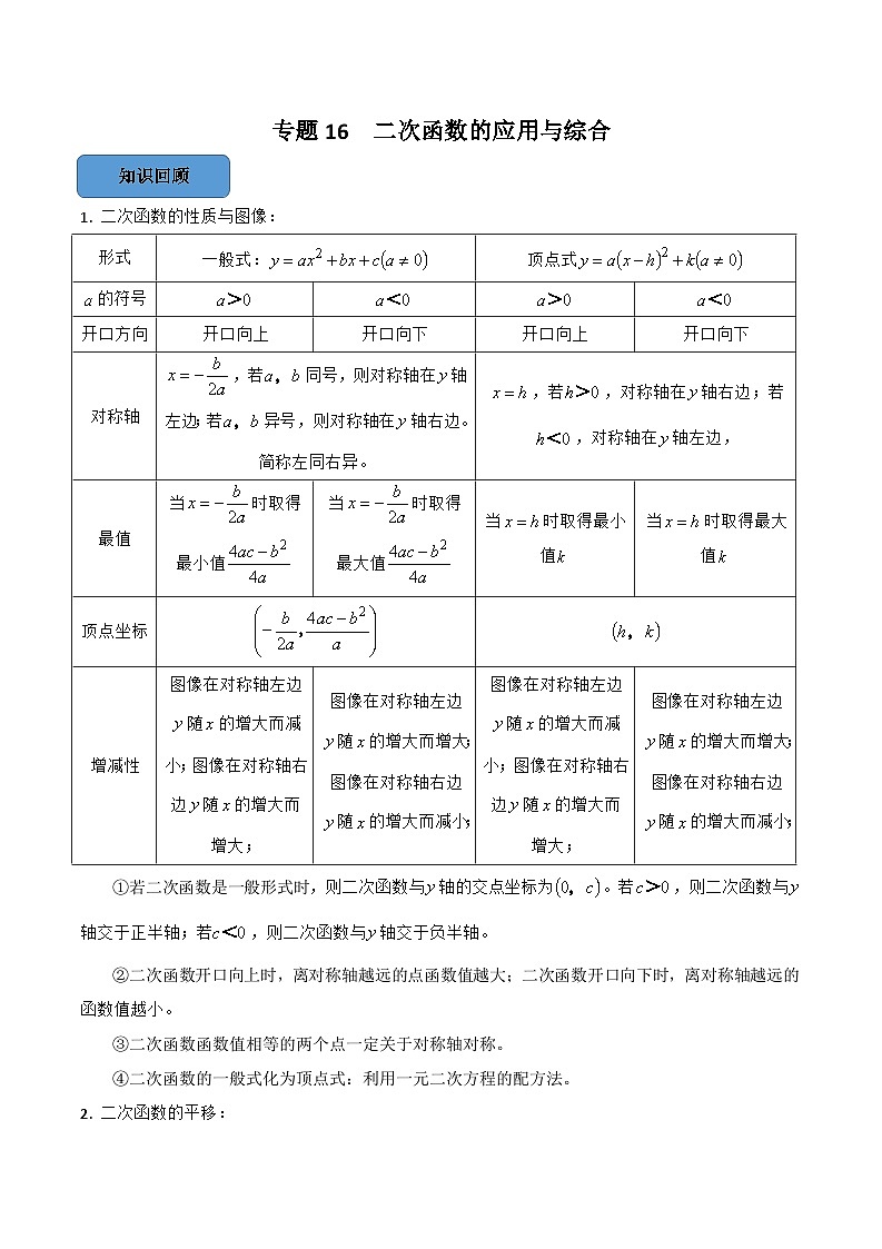2024年中考数学必考考点专题16 二次函数的应用与综合篇（原卷版）第1页