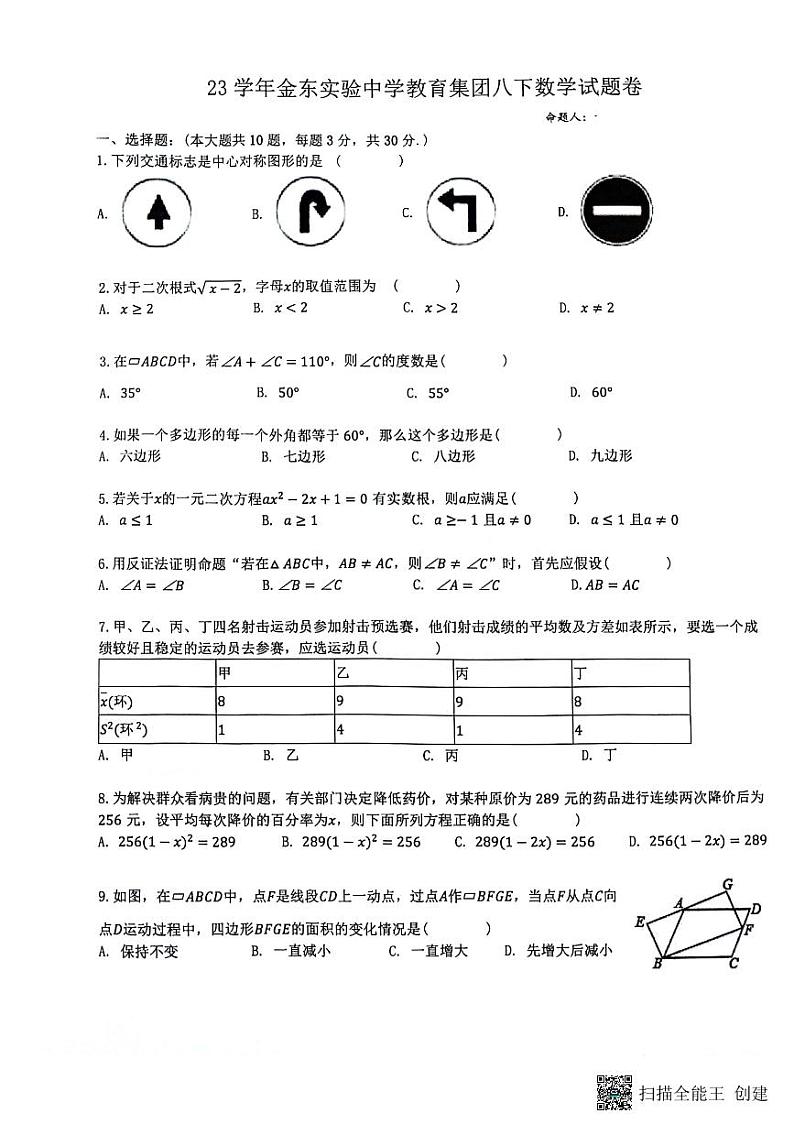 浙江省金东实验中学教育集团2023-2024学年八年级下学期期中考试数学试题01