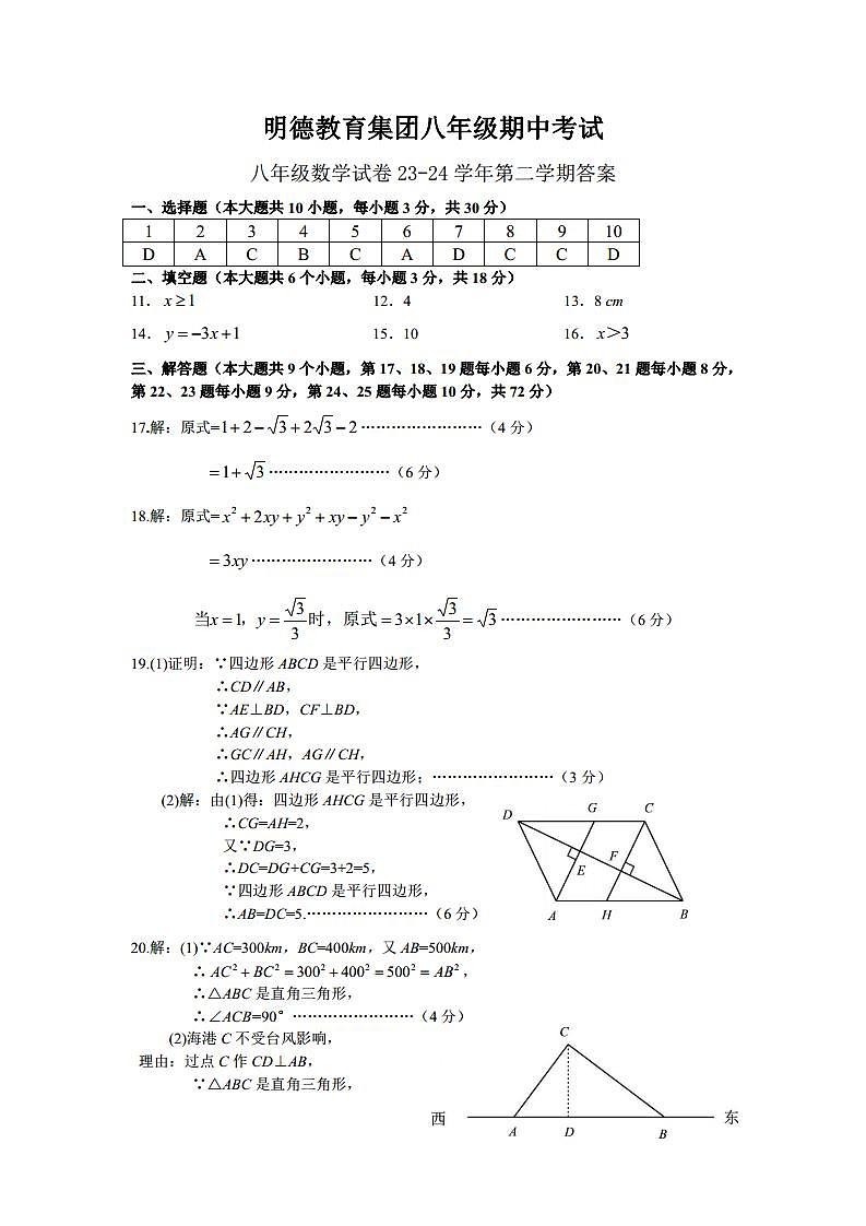 2023-2024明德教育集团八年级下学期期中考试数学参考答案第1页