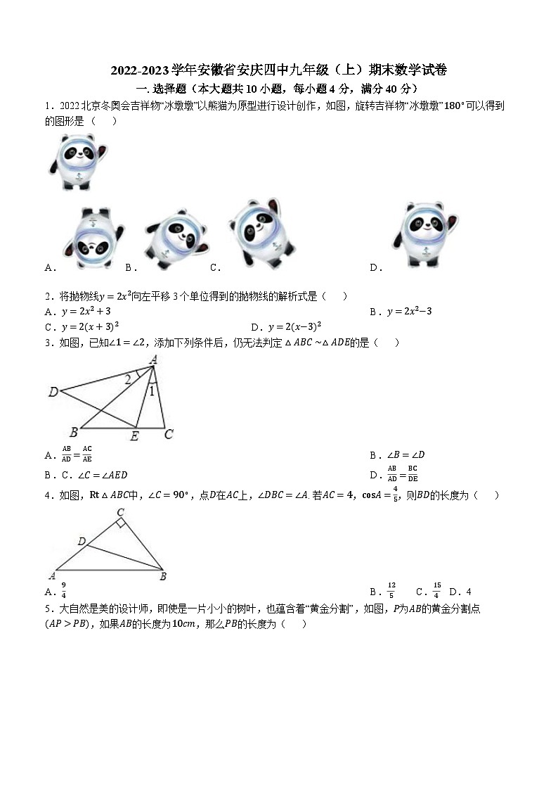 安徽省安庆市第四中学2022-2023学年 九年级上学期期末数学试题(无答案)01