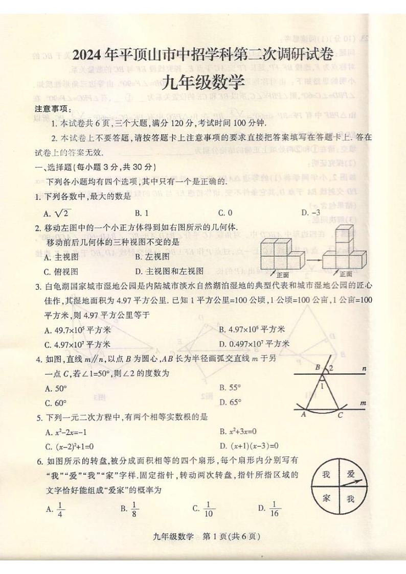 2024年河南省平顶山市中考二模数学试题第1页