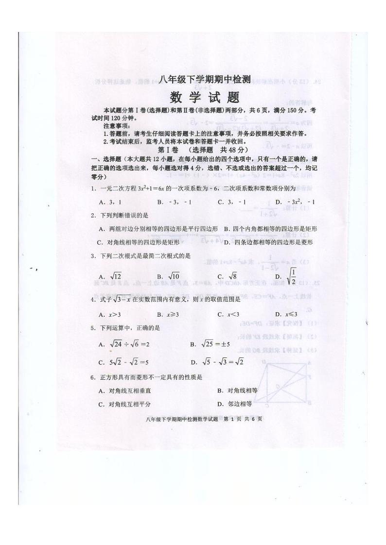 山东省泰安市新泰市2023-2024学年八年级下学期4月期中数学试题01