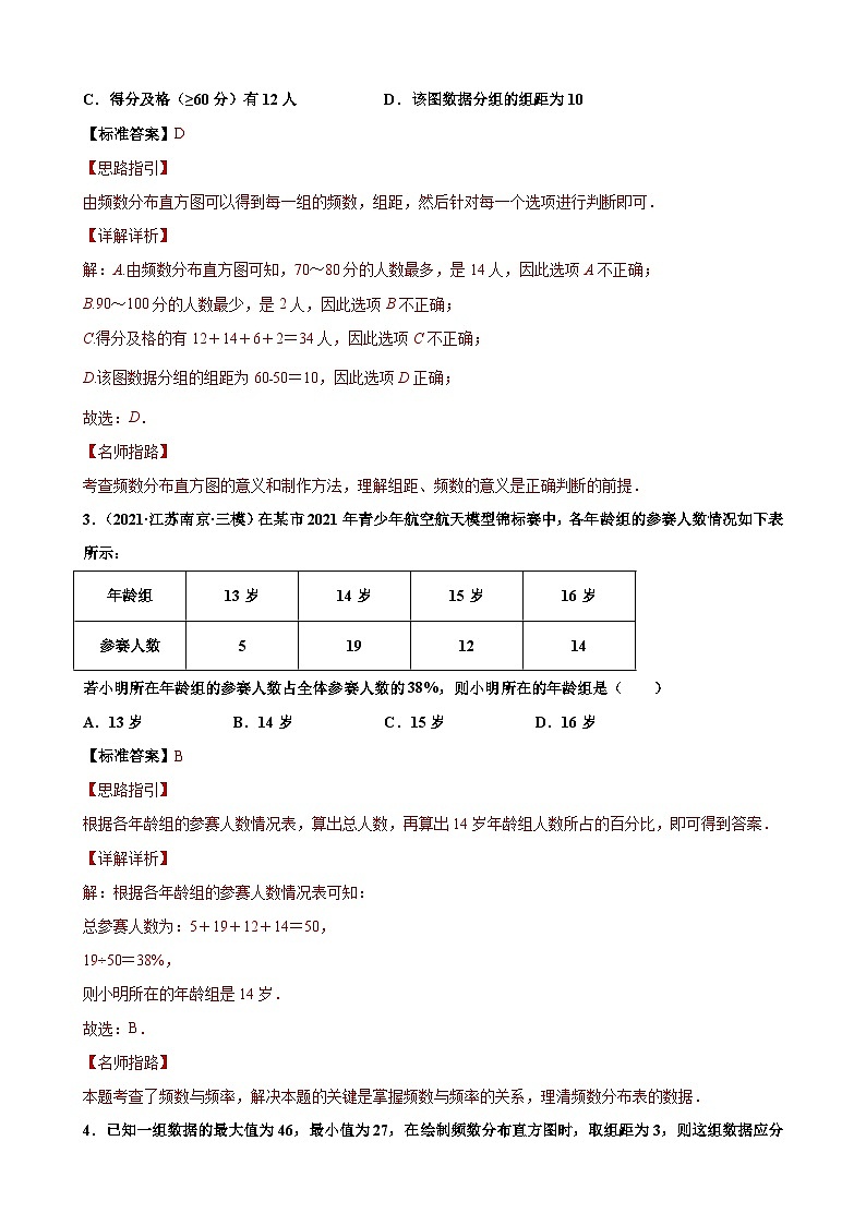 专题02 数据分析之直方图中考必考点专练-【考点培优尖子生专用】2021-2022学年八年级数学下册专题训练（苏科版）02