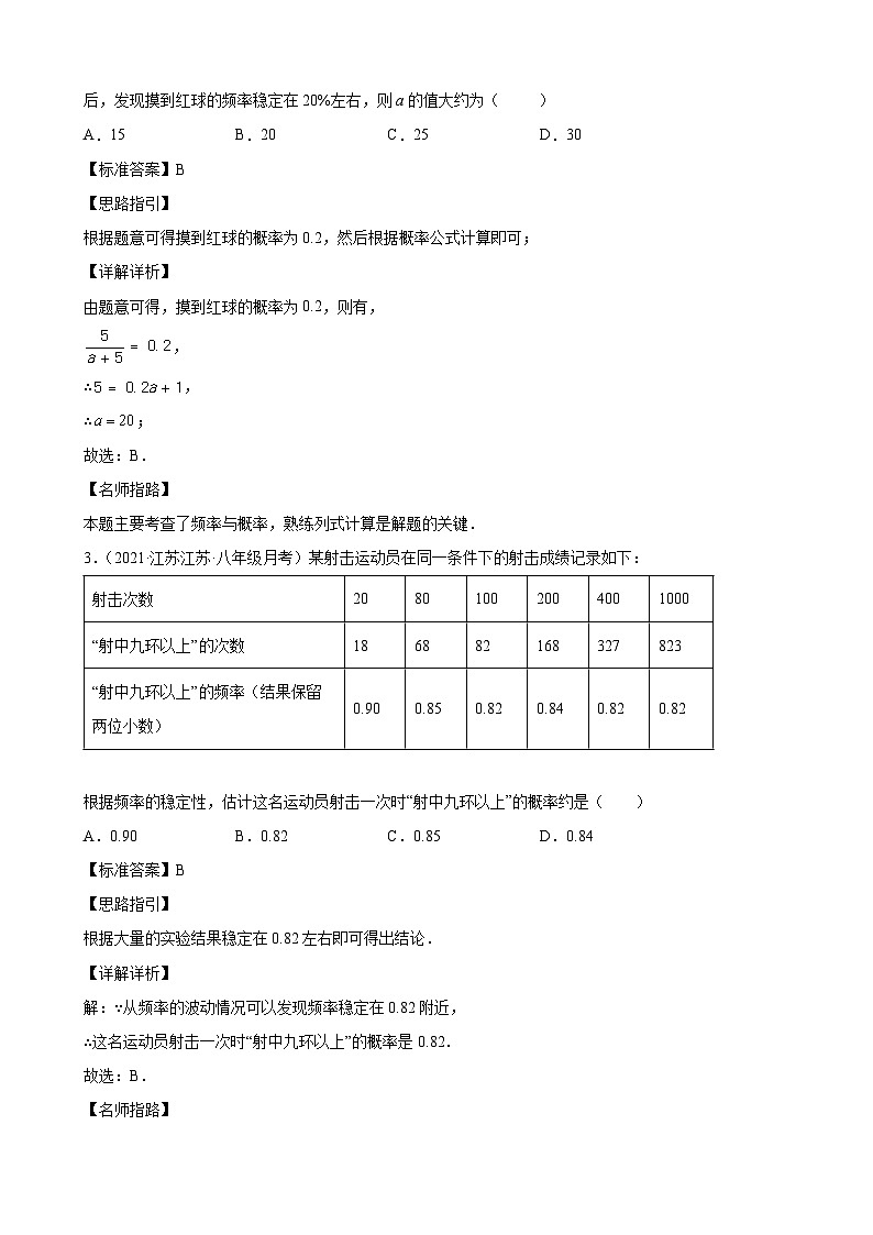 专题03 方法探究之用频率估计概率易错点专练-【考点培优尖子生专用】2021-2022学年八年级数学下册专题训练（苏科版）02