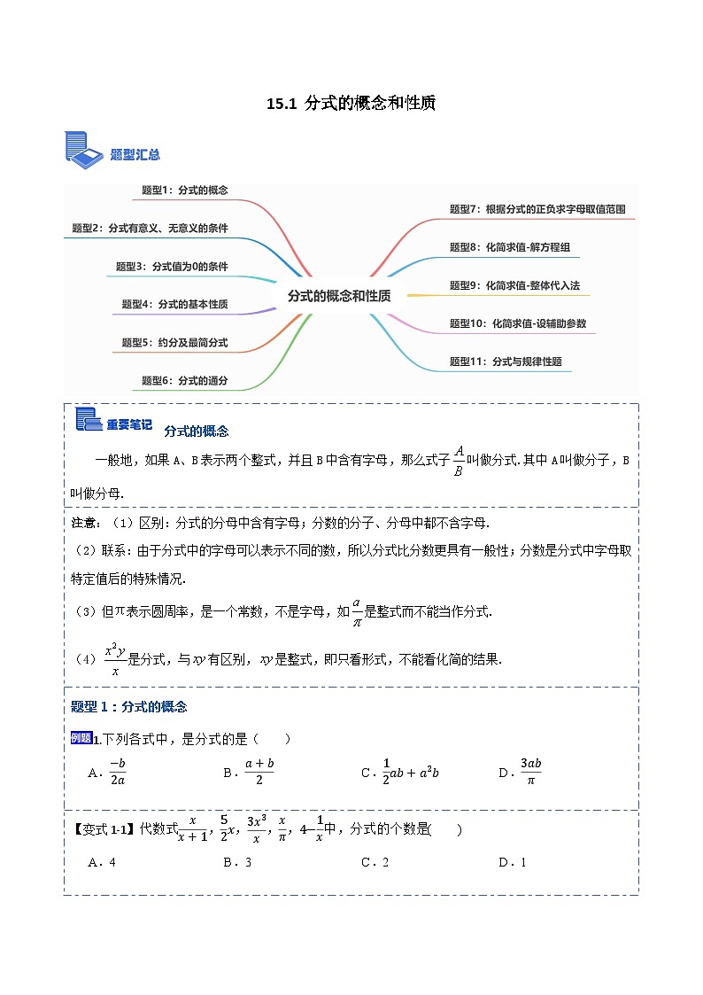 15.1 分式的概念和性质（讲+练）【11大题型】-【重要笔记】2022-2023学年八年级数学上册重要考点精讲精练(人教版)01