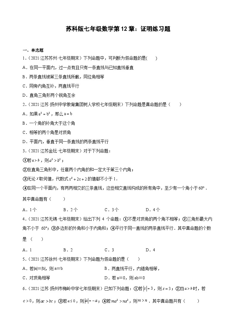 第12章 证明练习题2020-2021学年江苏省各苏科版七年级数学下册期末数学试题选编第1页