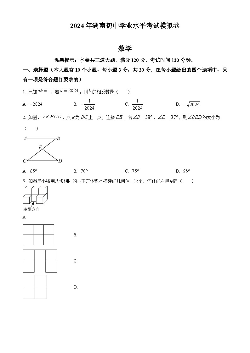 湖南省邵阳市邵东市2023-2024学年九年级下学期期中数学试题（原卷版）第1页