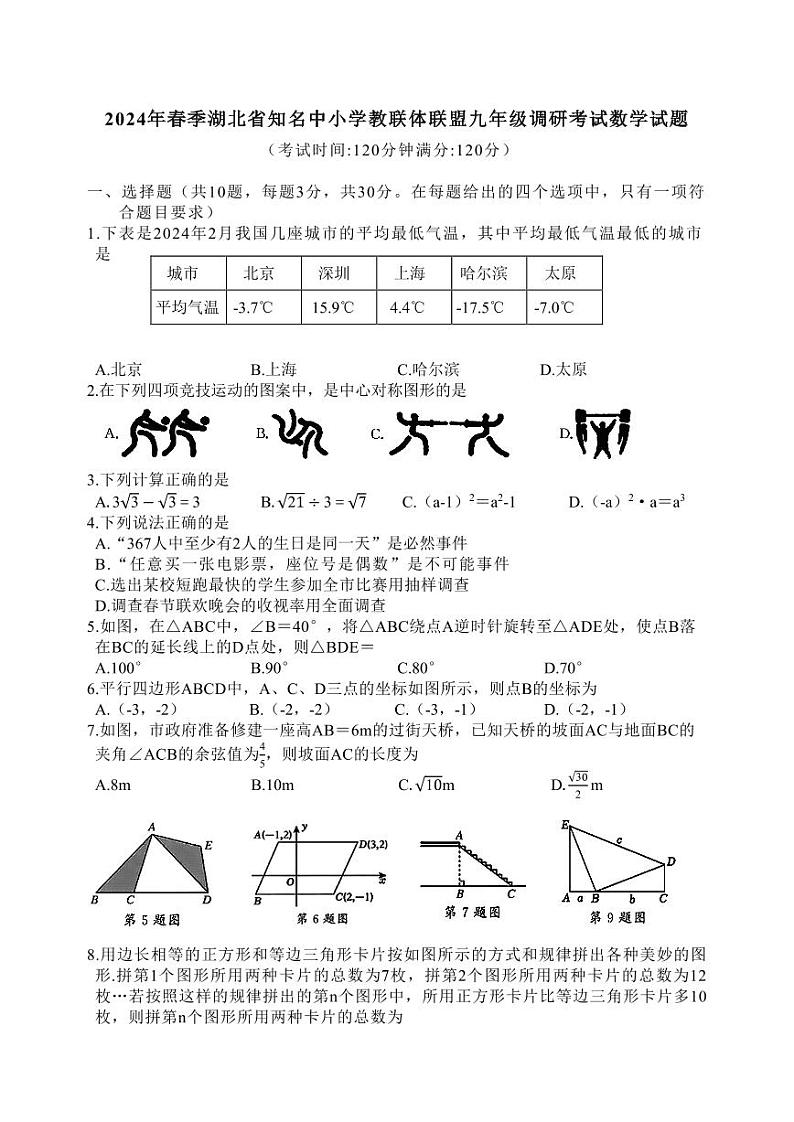 2024年春季湖北省知名中小学教联体联盟九年级调研考试数学试题01