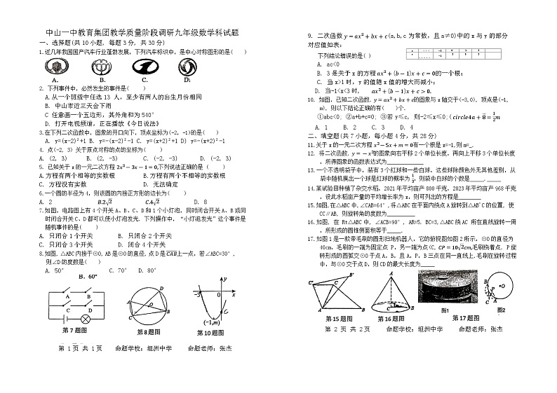 广东省中山市中山一中教育集团2023-2024学年九年级上学期教学质量阶段调研数学试题第1页