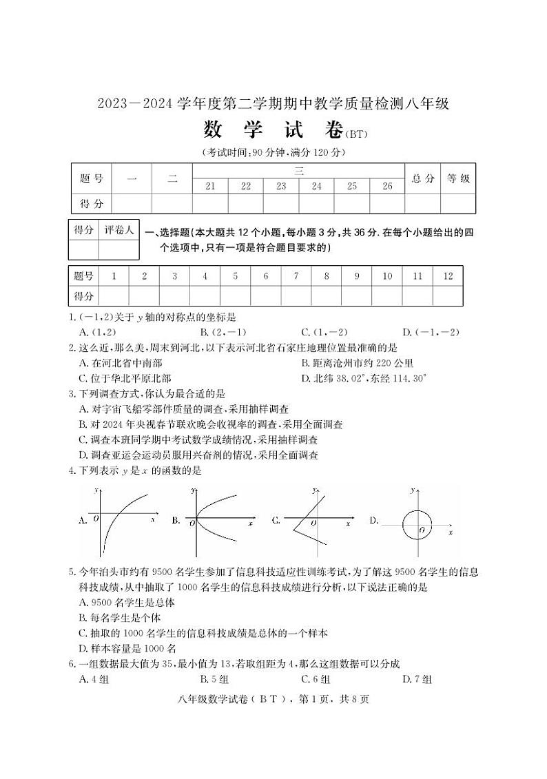 +河北省沧州市泊头市2023-2024学年八年级下学期期中教学质量检测数学试卷01