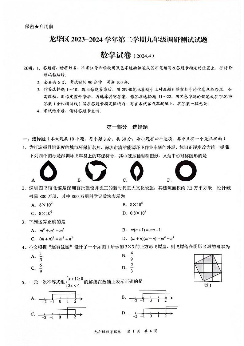 2024年广东省深圳市龙华区九年级中考二模数学试卷第1页