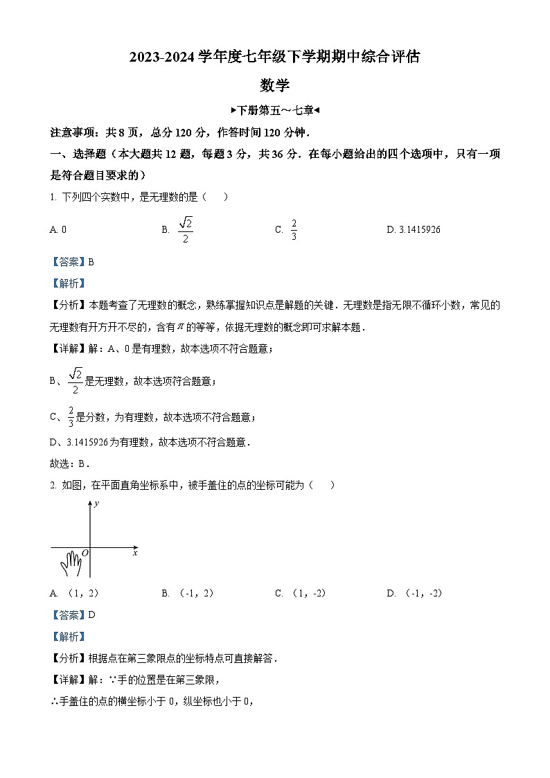 河北省廊坊市2023-2024学年七年级下学期期中数学试题（原卷版+解析版）01