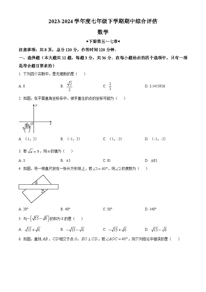 河北省廊坊市2023-2024学年七年级下学期期中数学试题（原卷版+解析版）01