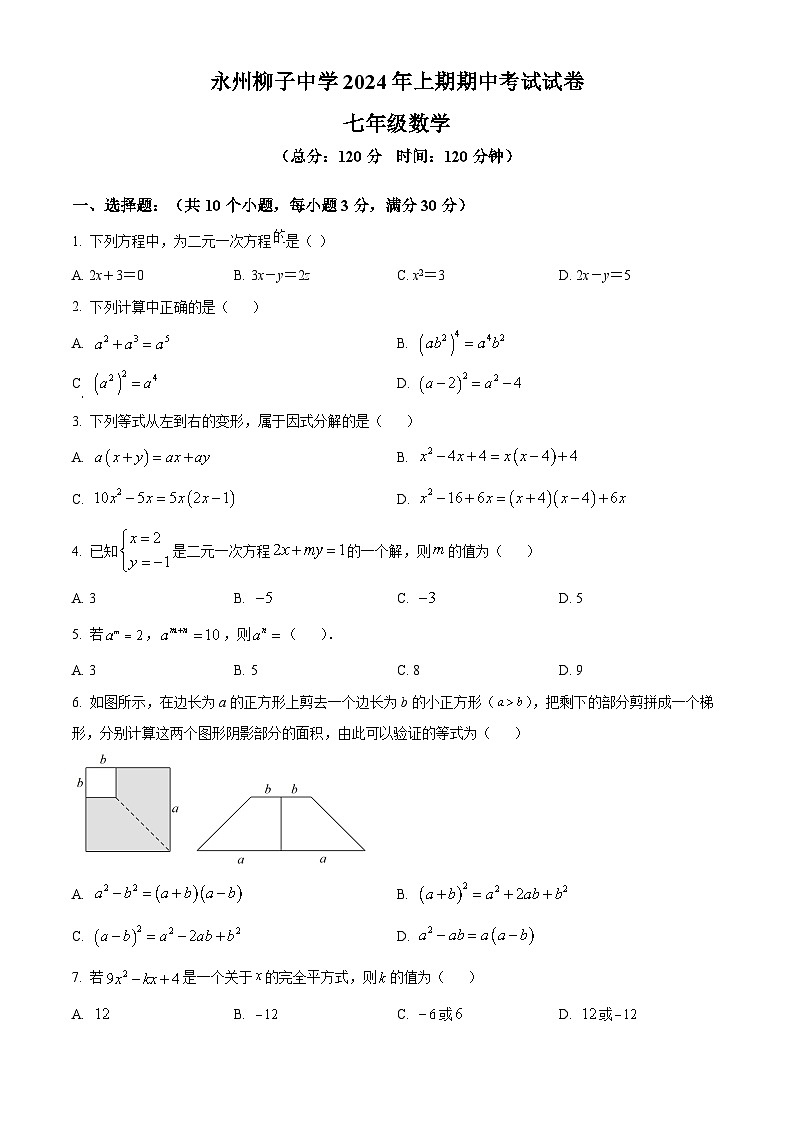 湖南省永州市柳子中学2023-2024学年七年级下学期期中数学试题（原卷版）第1页